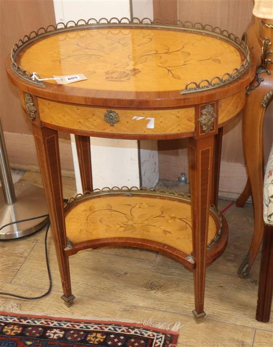 A Louis XVI design oval inlaid two tier table W.60cm